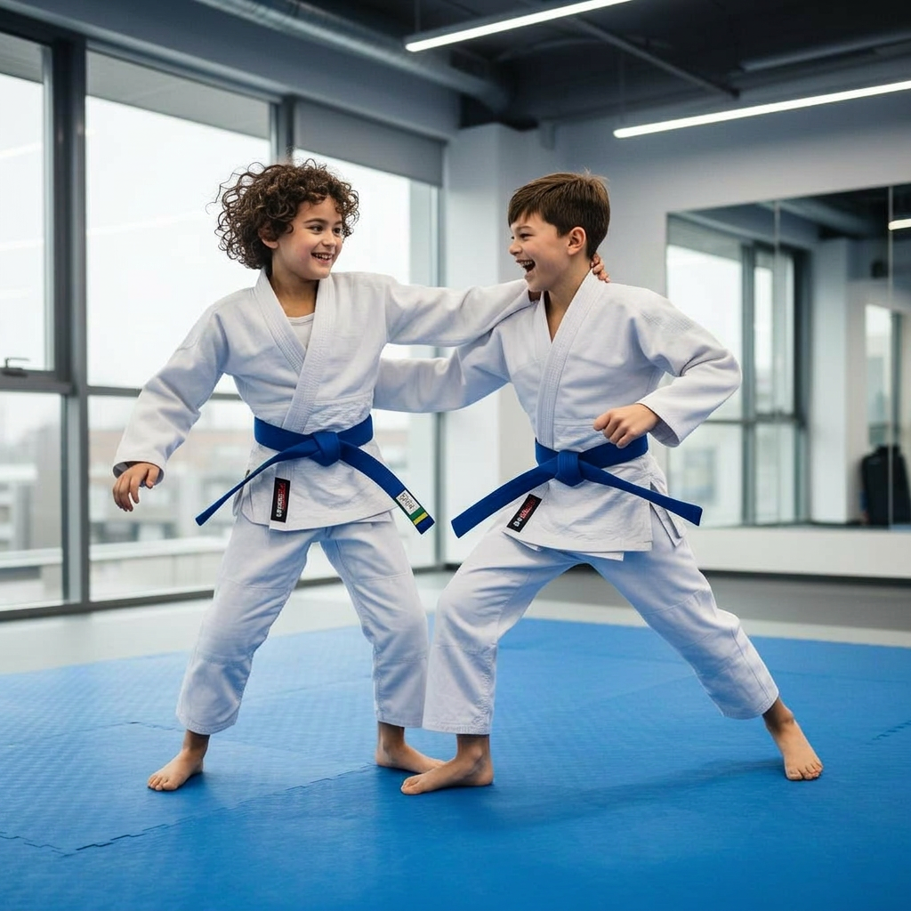 Niños practicando Jiu-Jitsu con dinámicas divertidas